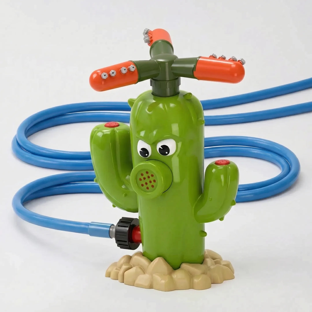 Whimsical rotating cactus sprinkler drenching kids in water, ideal for active outdoor summer play.