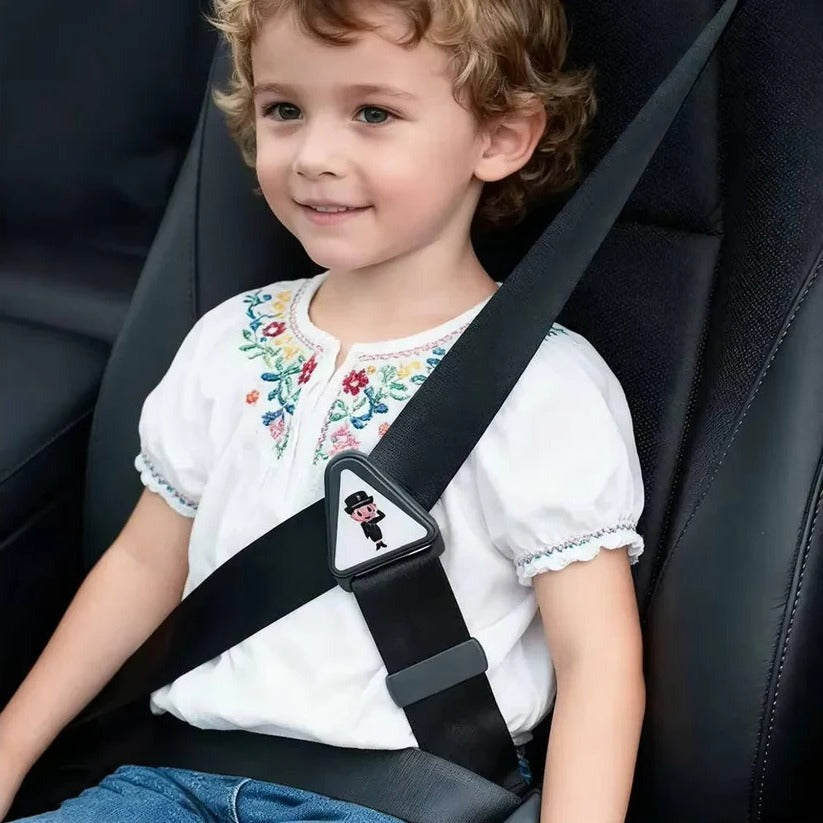 Triangle clip seat belt adjuster for kids, enhancing comfort & safety on car trips.