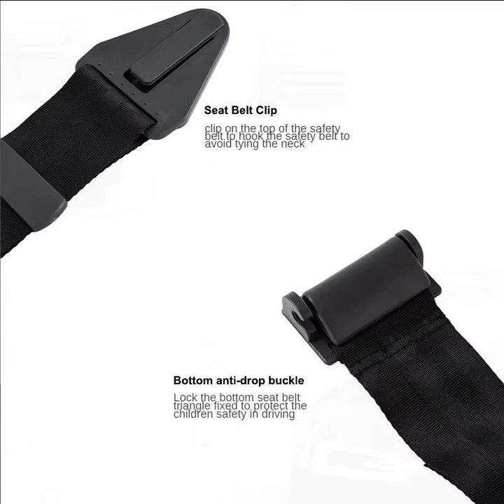 Secure triangle clip seat belt adjuster for kids; improves car travel comfort & child safety.
