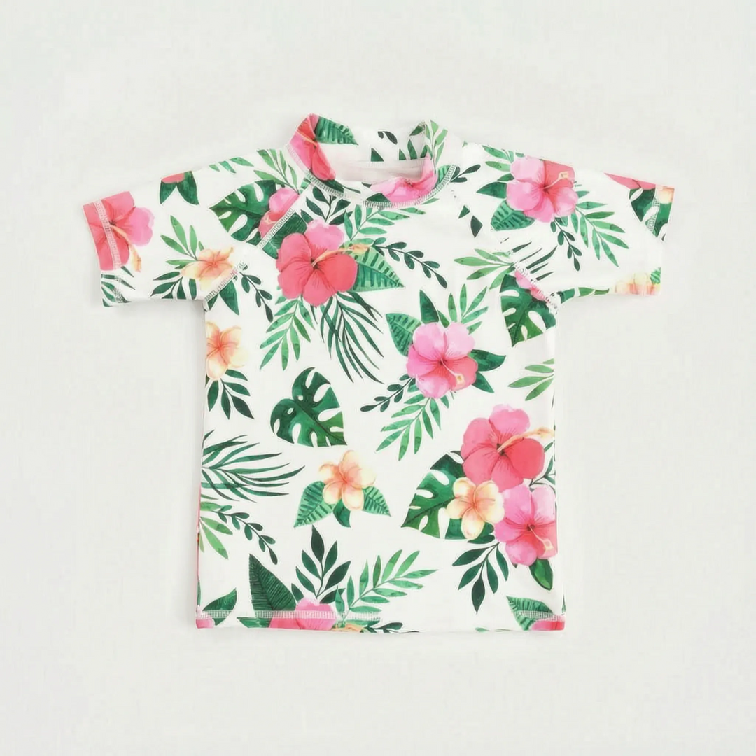 Lightweight short-sleeve rash guard swim top for kids, UPF 50+ sun protection, easy beach wear.