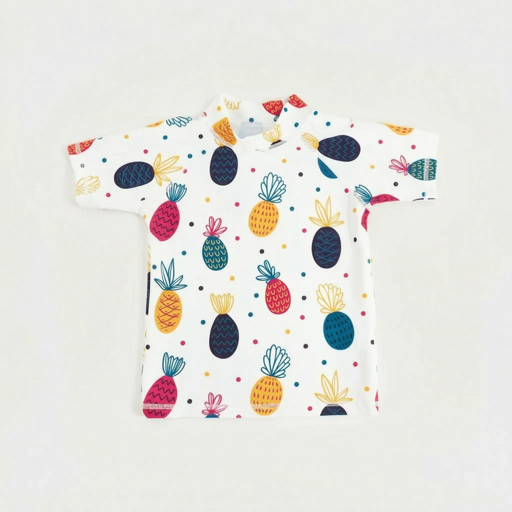 Summer children's short-sleeve rash guard swim top, UPF 50+ sun protection for outdoor adventures.