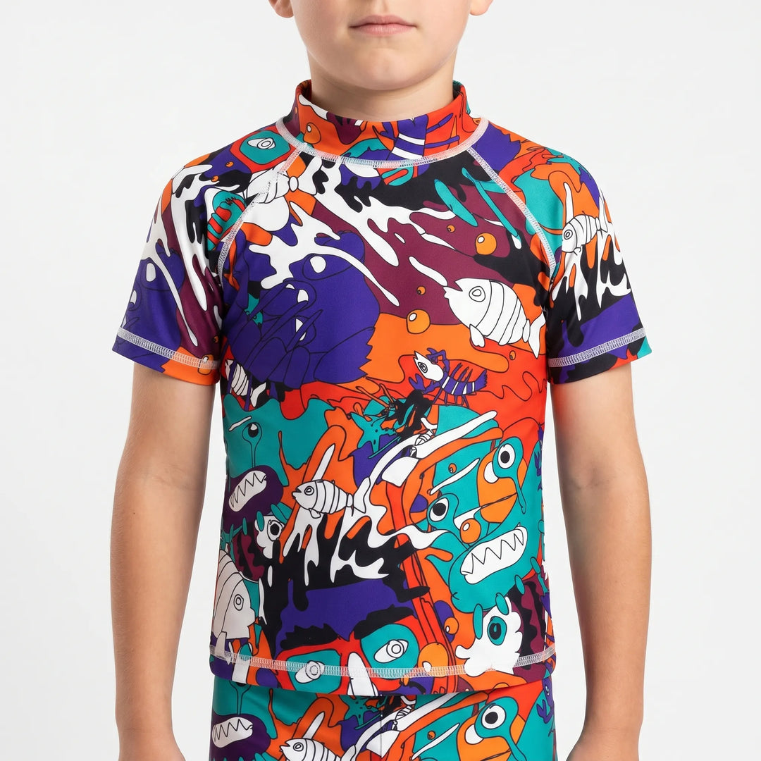 Active kids' short-sleeve rash guard swim top, quick-dry & UPF 50+ for comfortable outdoor play.