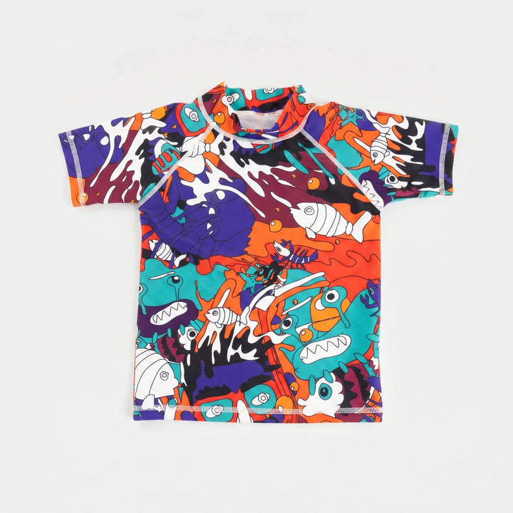 UPF 50+ short-sleeve rash guard swim top for kids, quick-drying fabric for active beachwear.