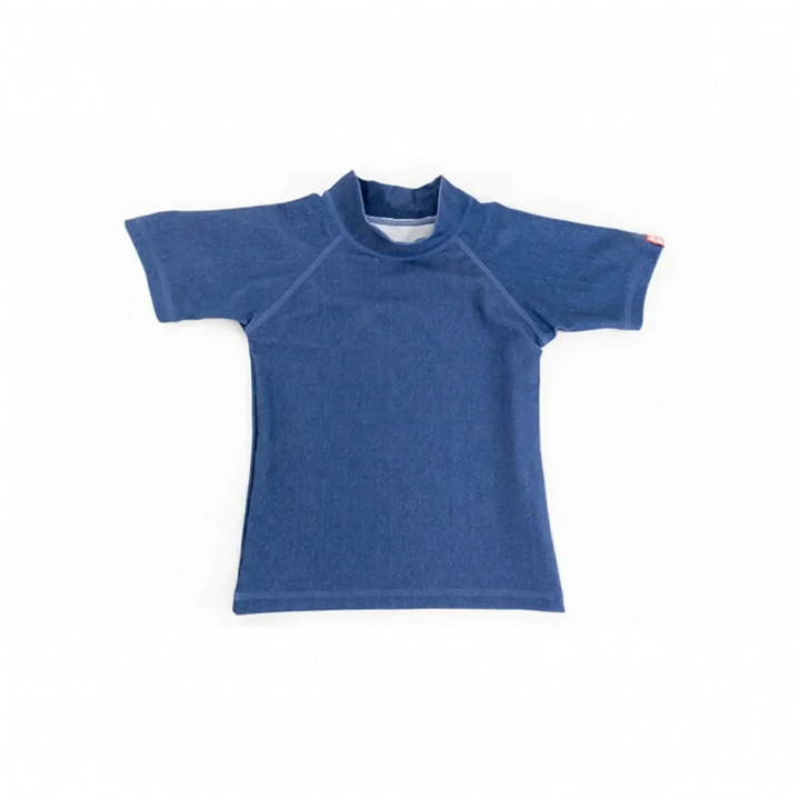 Soft short-sleeve rash guard swim top for kids, UPF 50+ sun protection, comfortable youth swimwear.