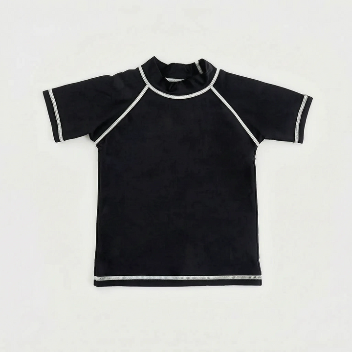 Quick-dry short-sleeve rash guard swim top for kids, UPF 50+ sun protection for active play.