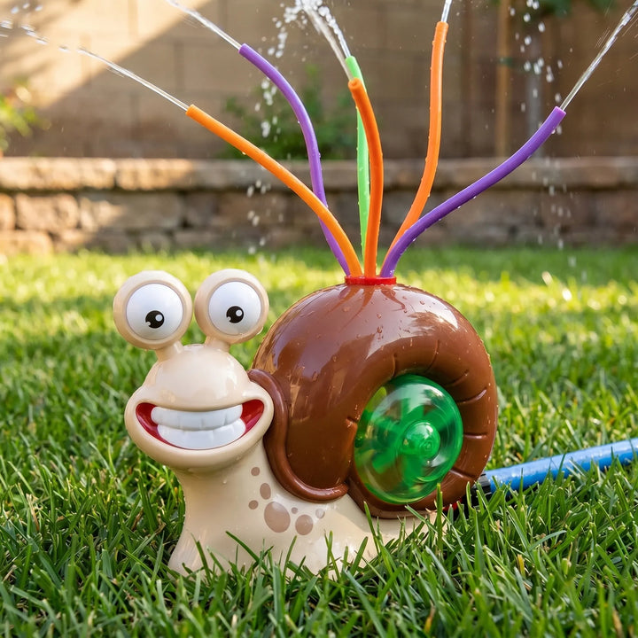 Kids' snail water sprinkler & batting game for outdoor summer fun. Backyard toy for children's activities.