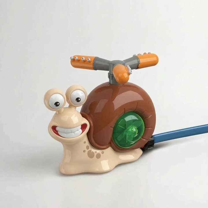 Snail water sprinkler & batting game, a fun garden hose toy for kids' summer backyard activities.