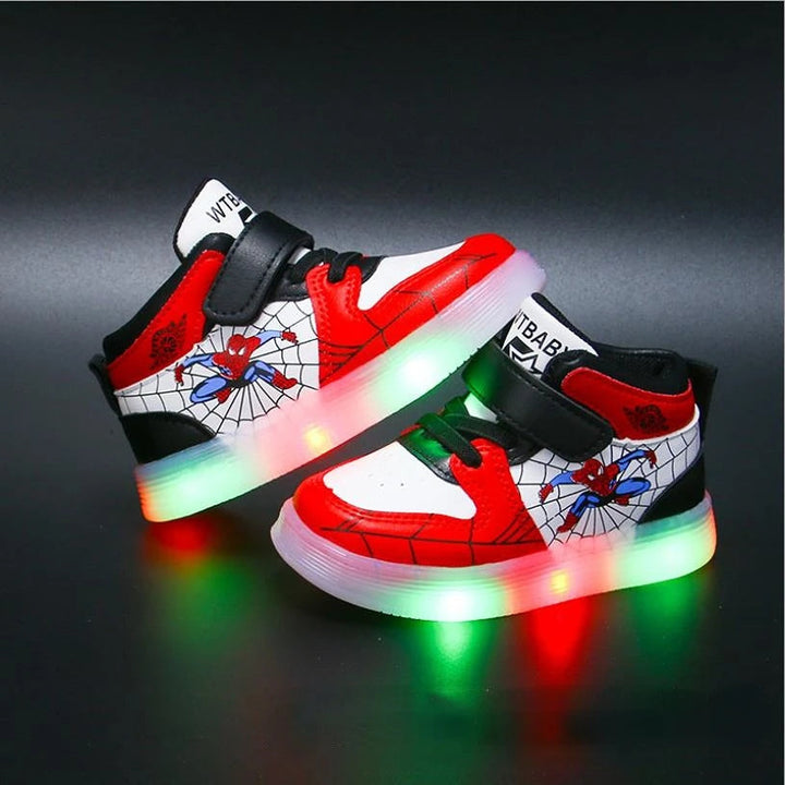 Kids' Spiderman light-up sneakers. Red & blue adventure shoes for boys & girls, featuring flashing lights & web design.