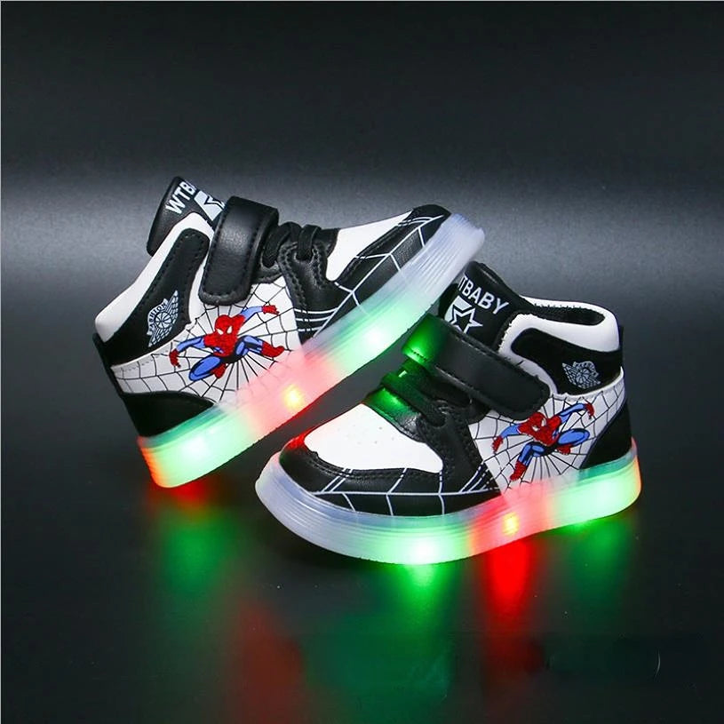 Spiderman character light-up sneakers for active kids. Durable adventure play shoes for boys & girls, superhero style.