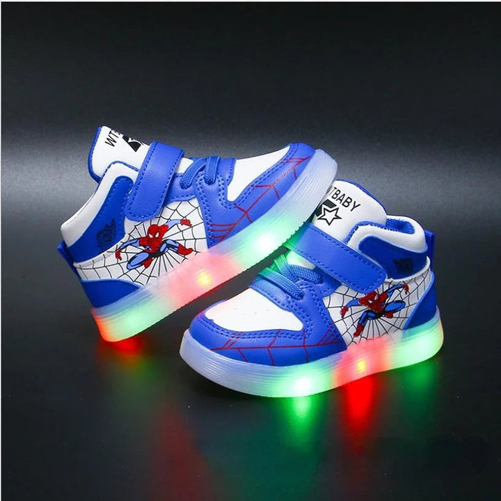 Comfortable Spiderman light-up sneakers for kids. Stylish red & blue superhero shoes with web graphics for daily wear.