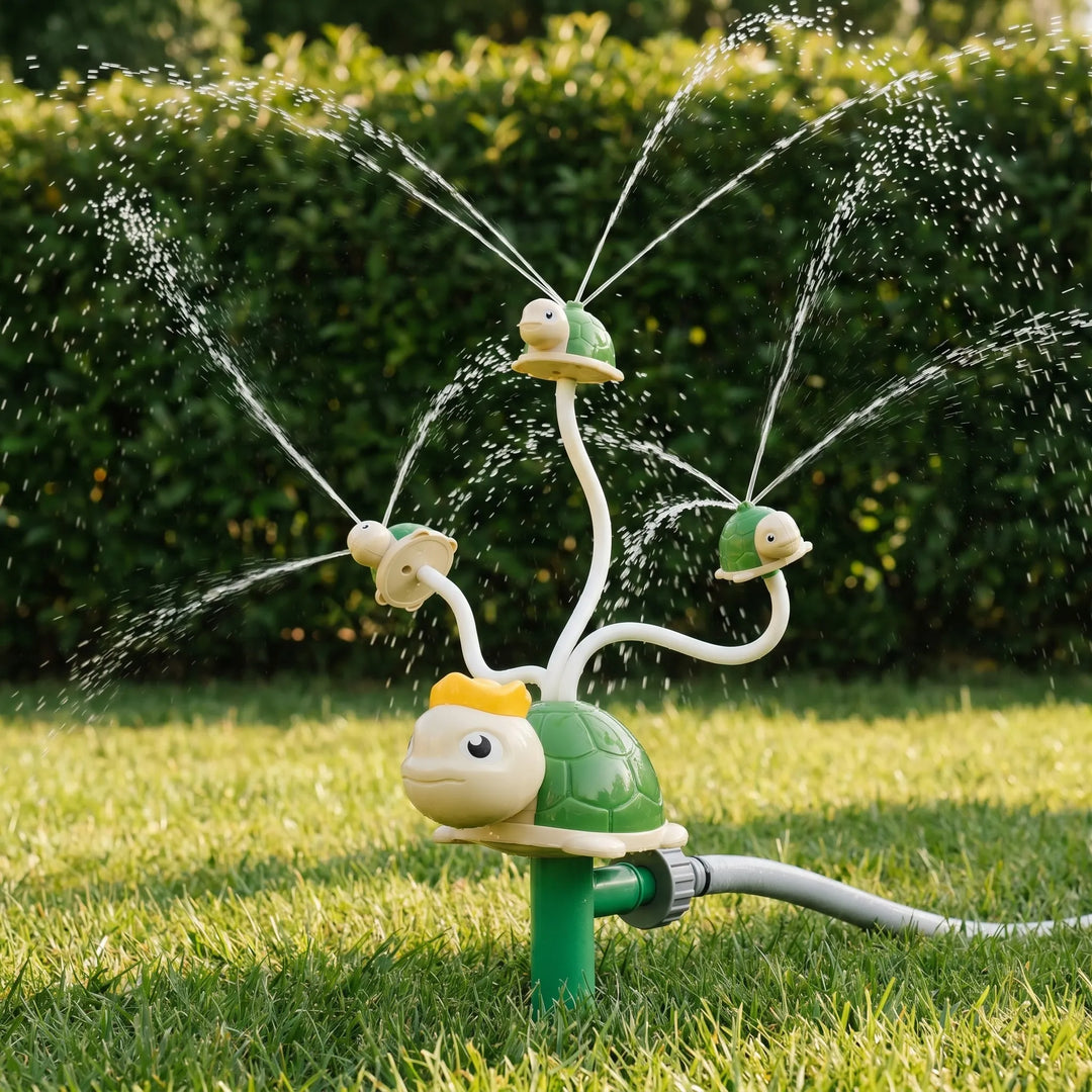 Kids' spinning water sprinkler toy showering a green lawn, perfect for summer outdoor backyard fun.