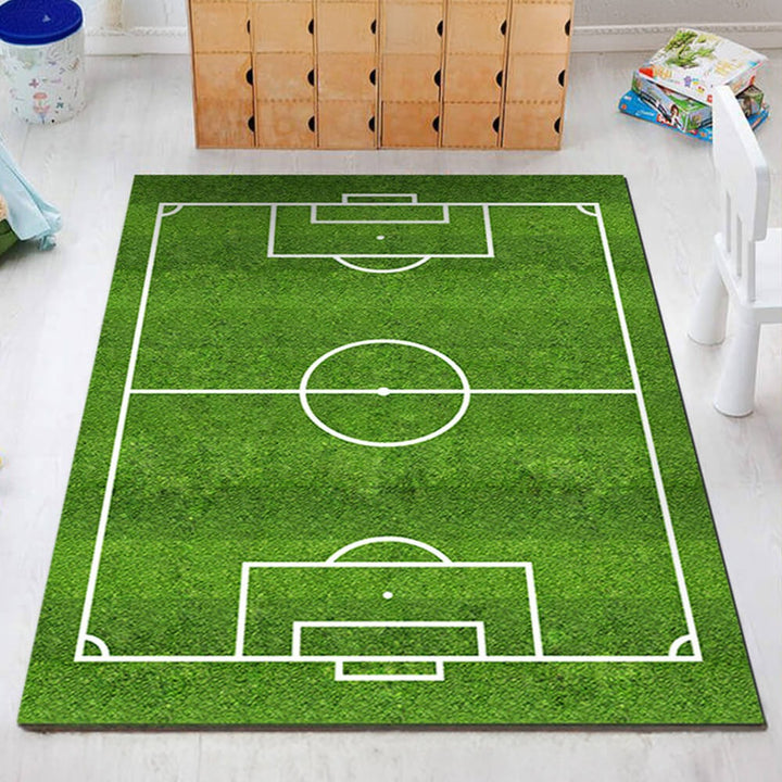 Kids' sports field playmat rug, non-slip polyester, green football/rugby design, 5x7 ft for playroom decor.