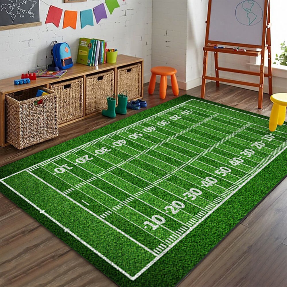Children playing on a durable, scratch-resistant sports field themed rug, perfect for a kids' playroom.
