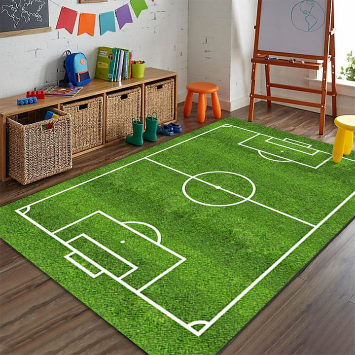 Overhead view of a rectangular kids' football field polyester rug, anti-slip backing, ideal for lively play areas.