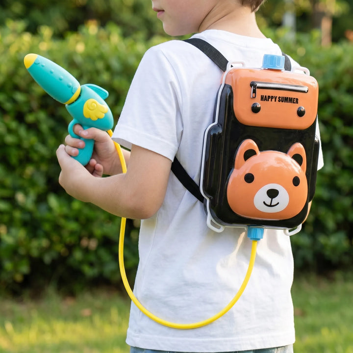 Kids' wearable animal backpack water shooter toy for summer outdoor fun. Children's water gun.