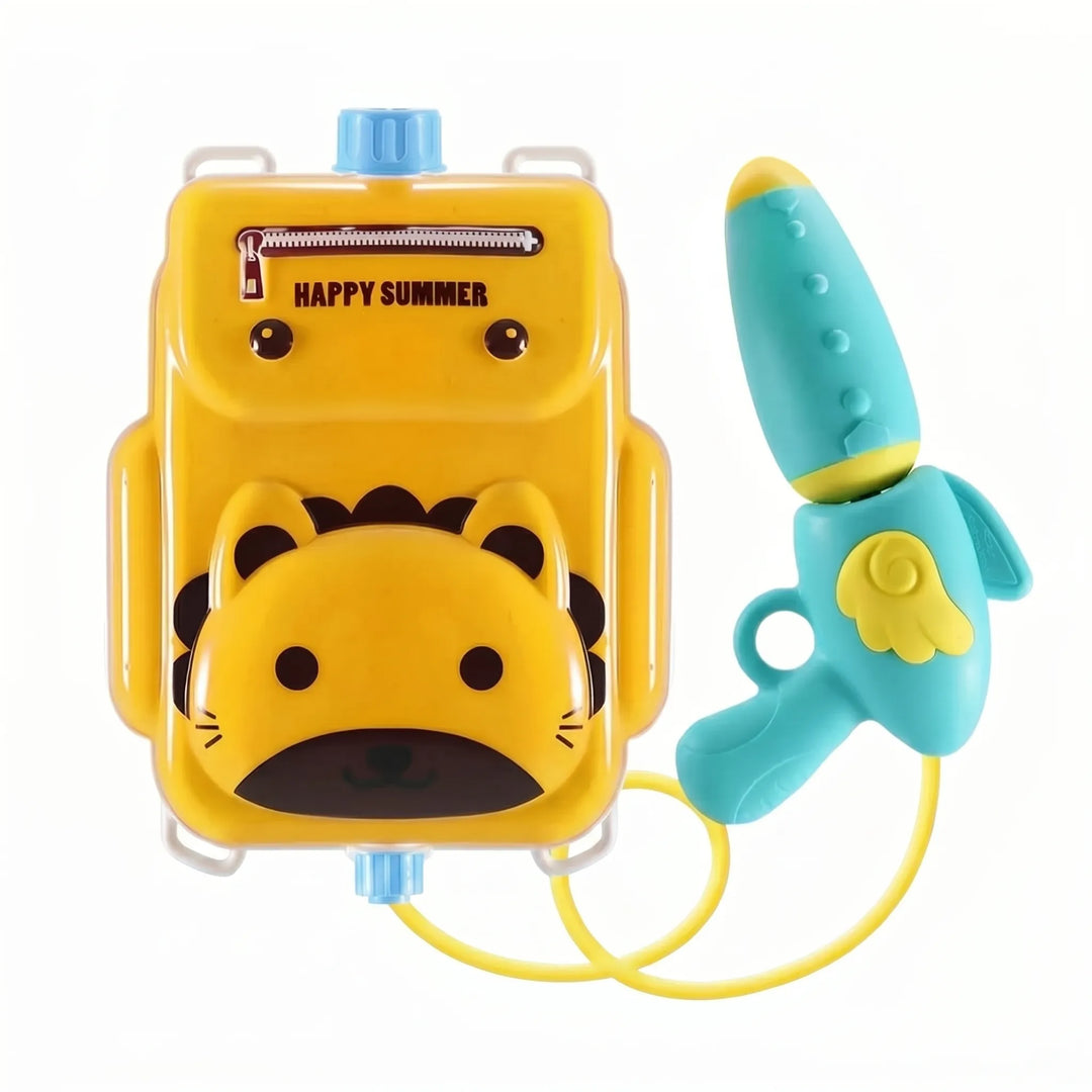 Outdoor water play with a kids' animal backpack water shooter. Fun and refreshing summer toy.