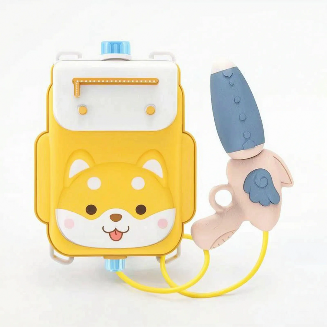 Child wearing a cute animal backpack water gun, ready for summer water play. Outdoor toy.