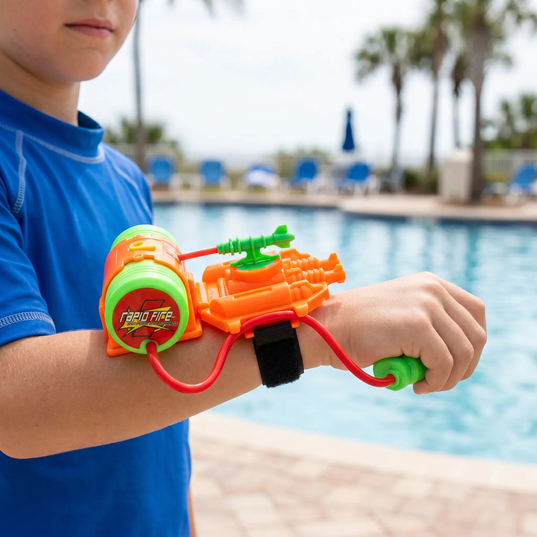 Kids' wearable wrist water toy for active outdoor fun, hands-free water blaster for summer play & beach toys.