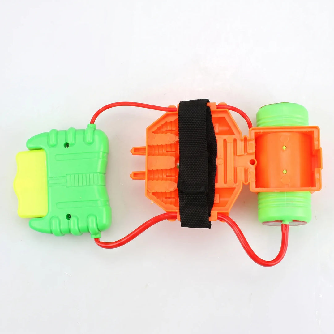 Children's wearable water blaster for exciting backyard, pool, or beach summer outdoor play and water toys.