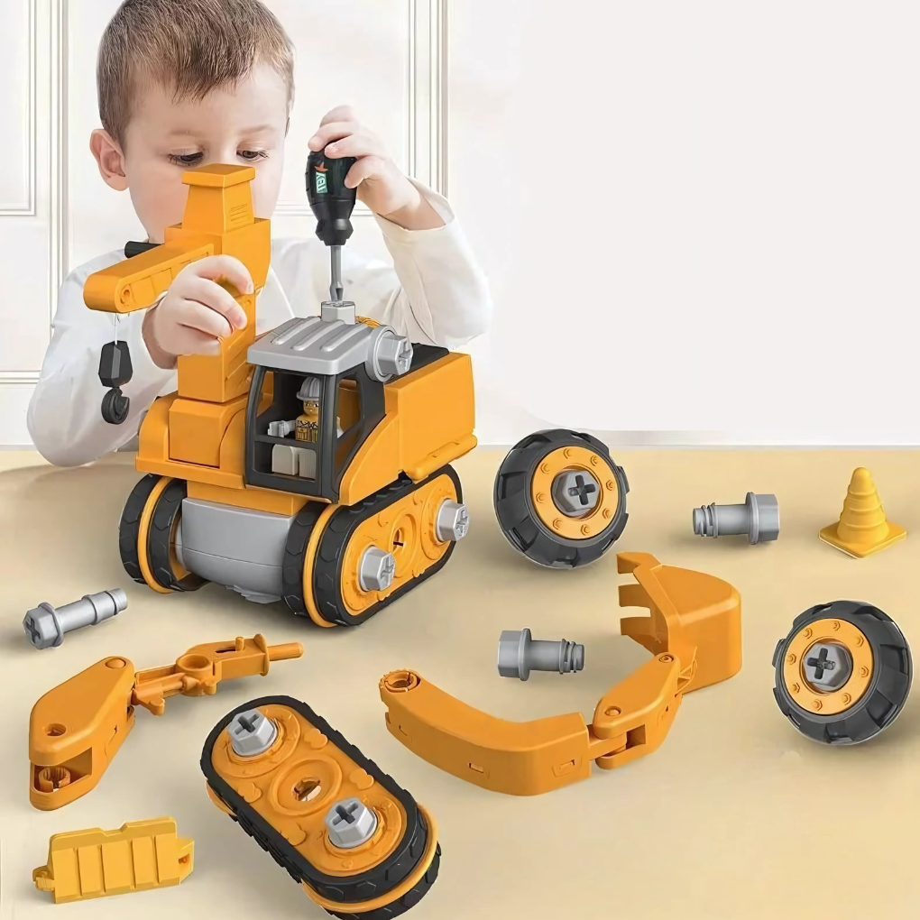 Kids' yellow build your own excavator construction toy set, perfect for STEM learning and creative play. Educational building kit.