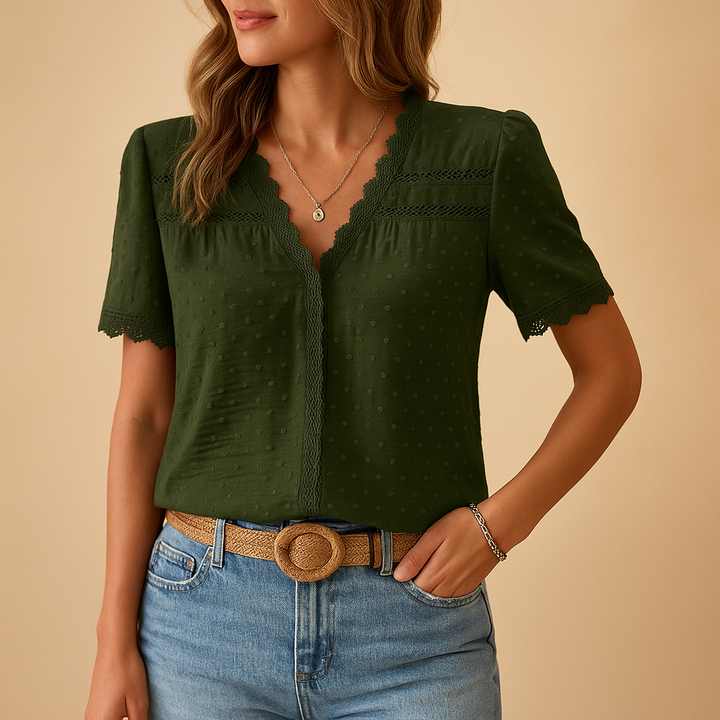 Elegant women's lace V-neck blouse, long sleeve. Perfect versatile top for formal or casual chic wear.