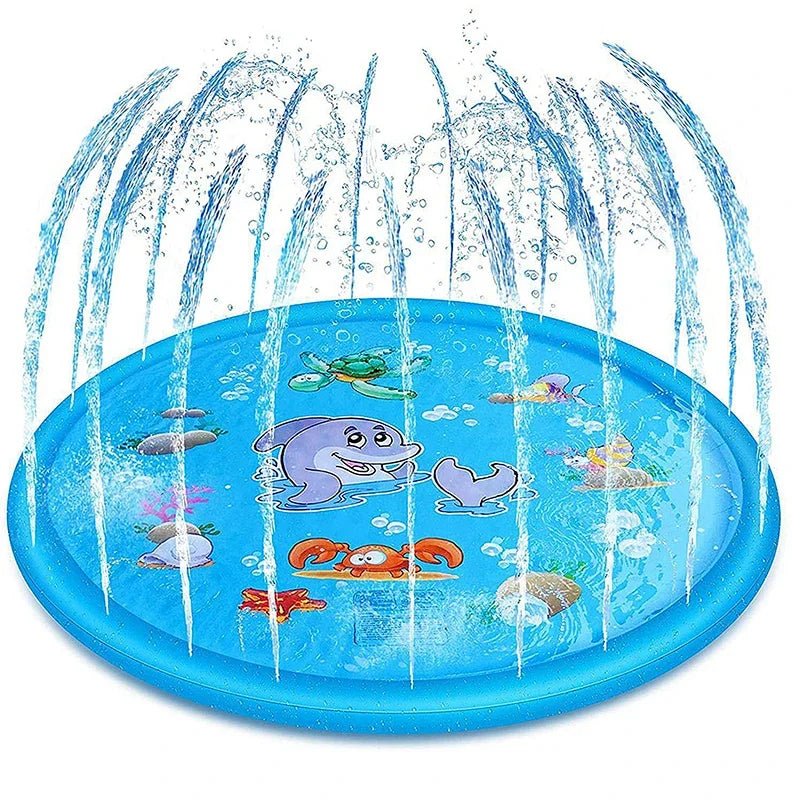 Large blue eco-friendly pet splash pad fountain mat with water jets, perfect for dog summer cooling and outdoor fun.