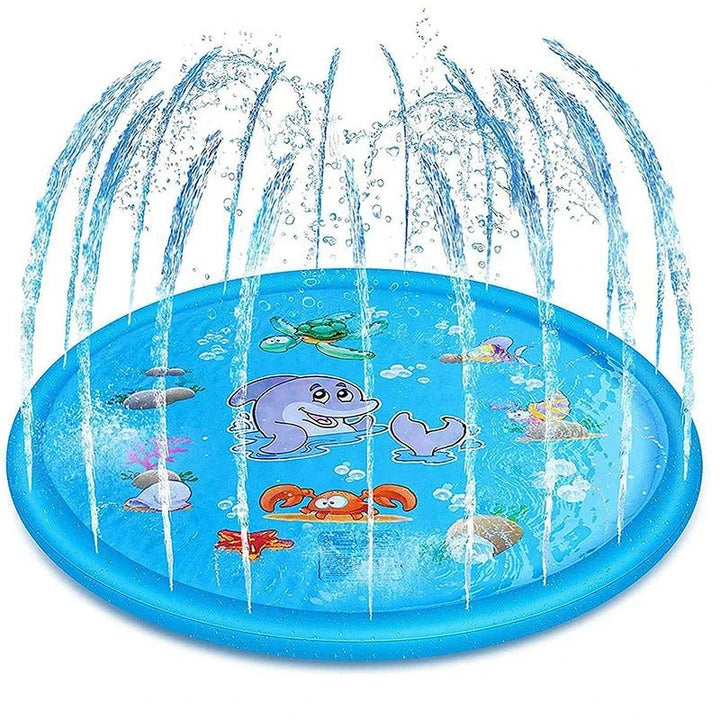 Large blue eco-friendly pet splash pad fountain mat with water jets, perfect for dog summer cooling and outdoor fun.