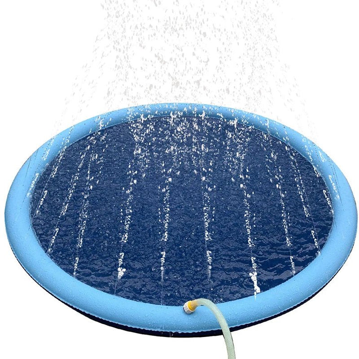 Happy dog playing in a large, portable eco-friendly pet splash pad fountain mat, offering refreshing summer outdoor fun.