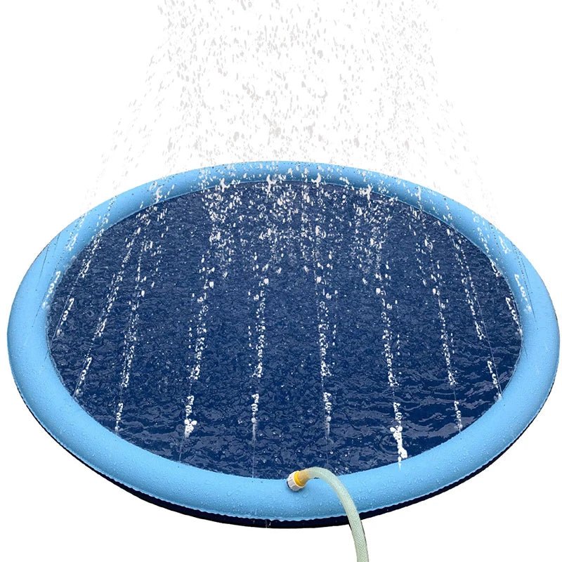 Top-down view of a round blue pet splash pad with active water fountains, designed for pet agility and summer cooling.