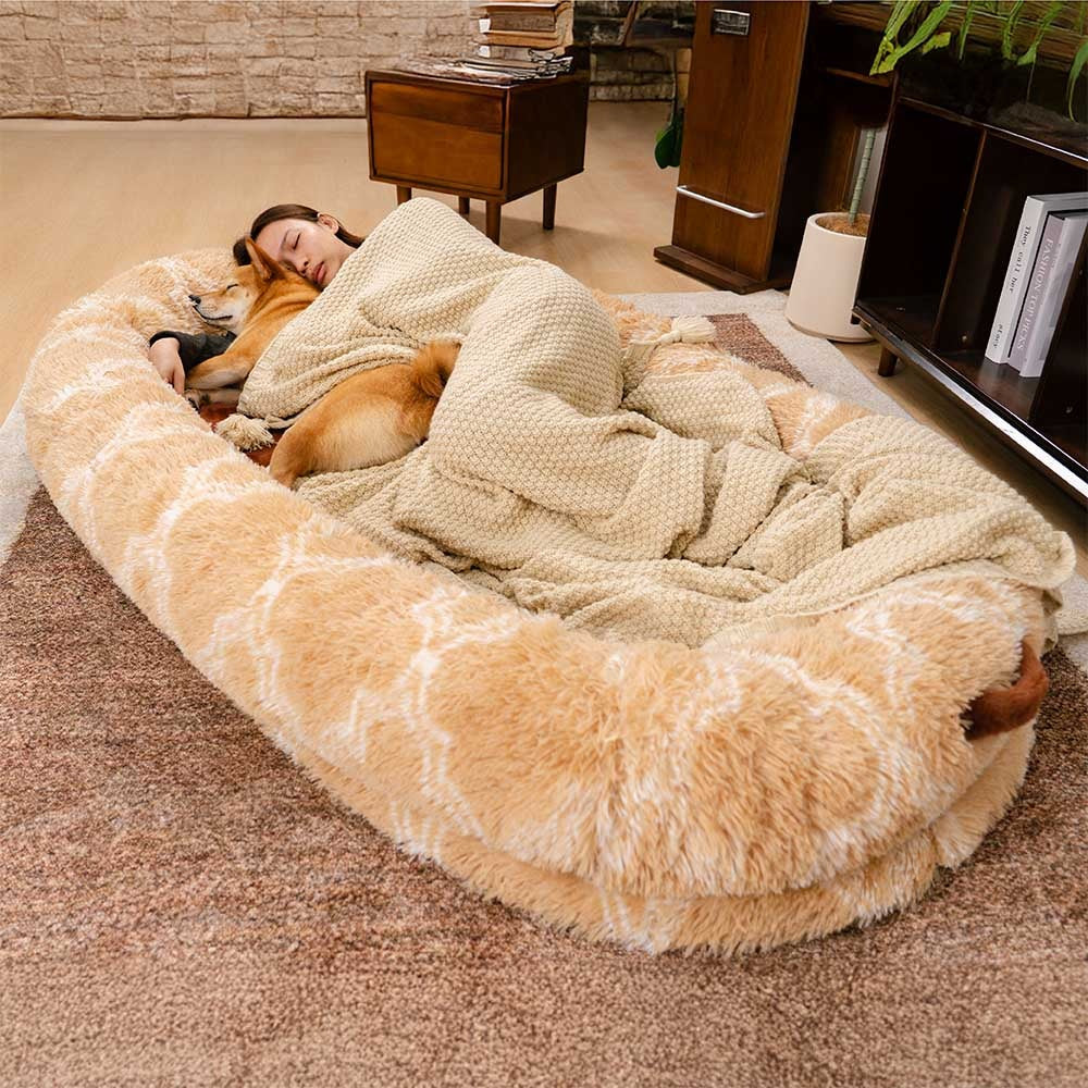 Large calming donut human dog bed, grey faux fur, ultra-soft, cozy pet supplies