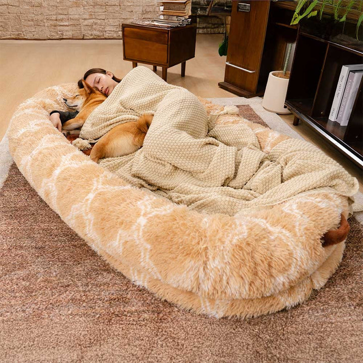 Large calming donut human dog bed, grey faux fur, ultra-soft, cozy pet supplies