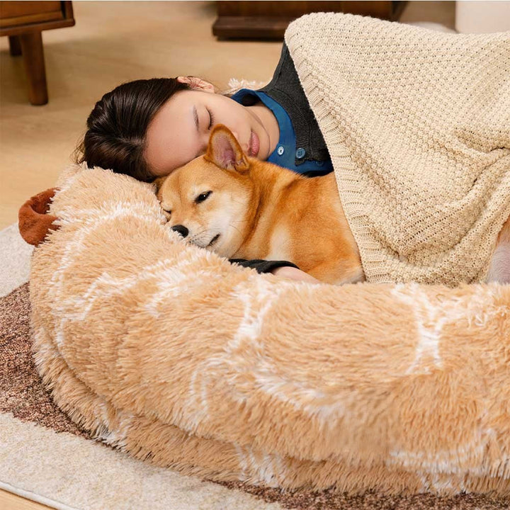 Generous sized grey faux fur donut bed, comfort and security for dogs and people, new pet essential