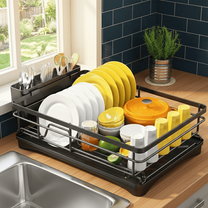 Large capacity kitchen dish drainer with drip tray for efficient dish drying and countertop organization.