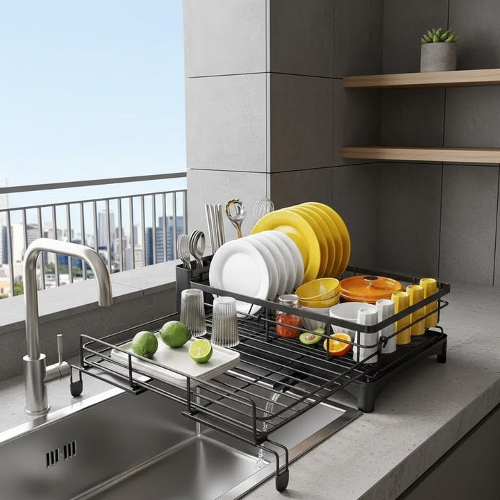 Modern dish rack with removable drip tray, perfect for drying plates, bowls & cutlery. Kitchen essential.