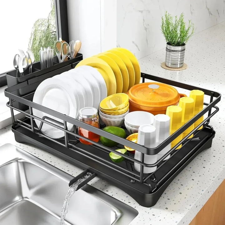 Spacious kitchen dish drainer with integrated drip tray, ideal for busy kitchens. Keeps counters dry.