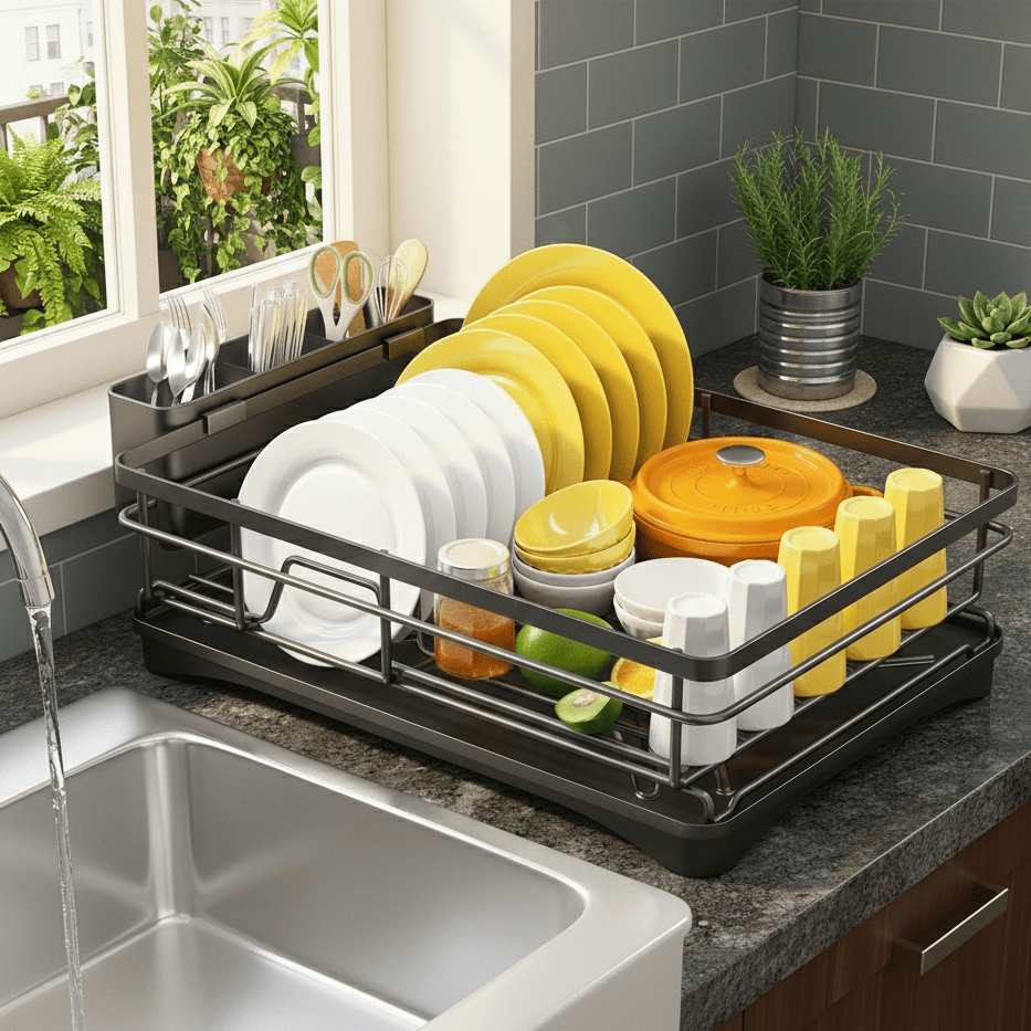 Durable kitchen dish drying rack, large capacity for plates, cups & utensils. Efficient countertop organizer.