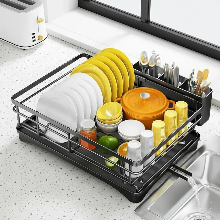Practical large capacity dish drainer & rack with bottom drip tray for quick, hygienic kitchen dish drying.