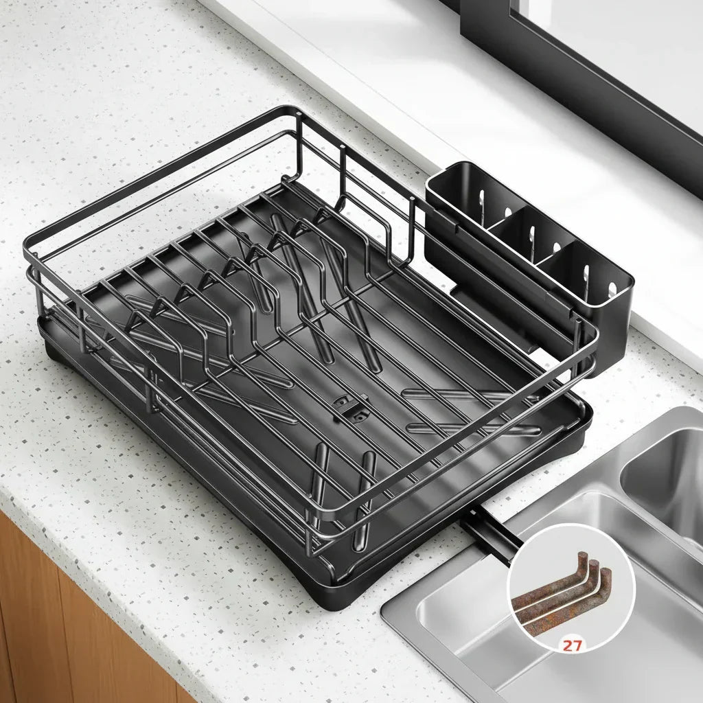 Essential kitchen countertop organizer: a large dish drainer with drip tray for clean, dry dishes.