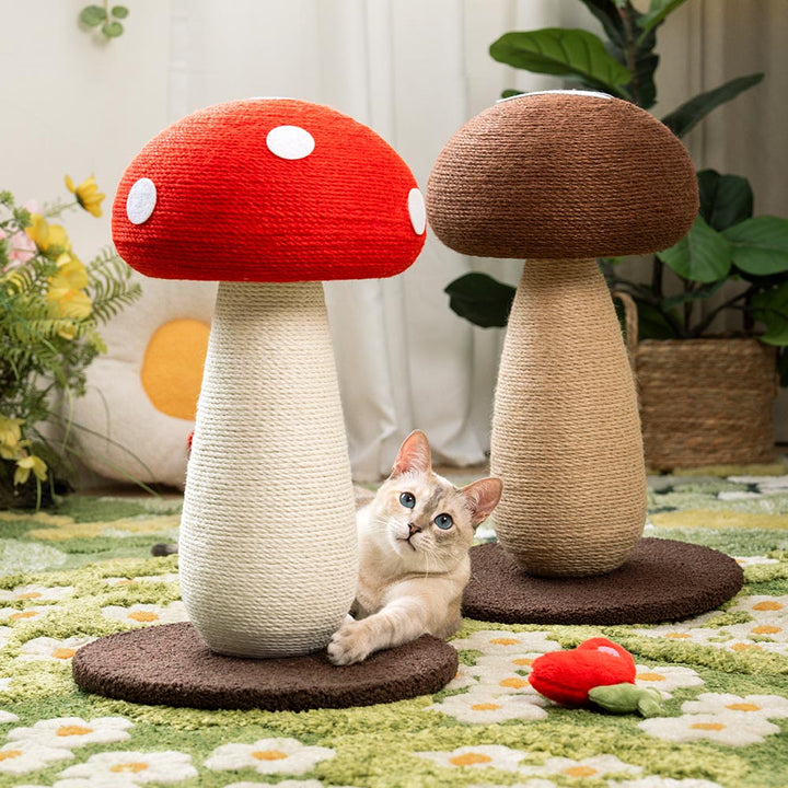 Large cat scratching post, mushroom-shaped, natural sisal, red and brown, for big cats