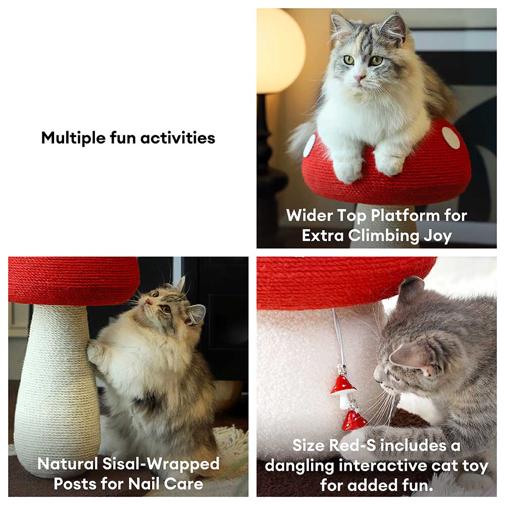 Red and brown mushroom sisal cat scratcher, robust design for big feline play