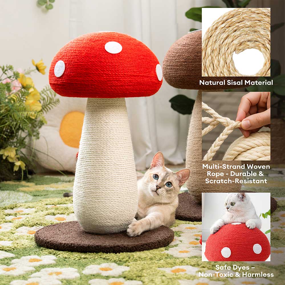 Pet furniture: tall mushroom-shaped sisal scratching post, red cap, brown base