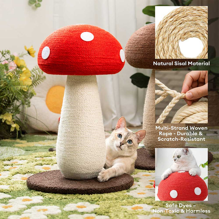 Pet furniture: tall mushroom-shaped sisal scratching post, red cap, brown base