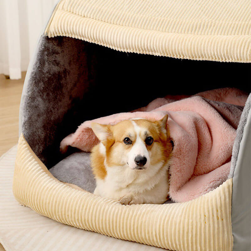 Flannel dog house bed, large, featuring a detachable design for simple cleaning. Cozy pet supplies.