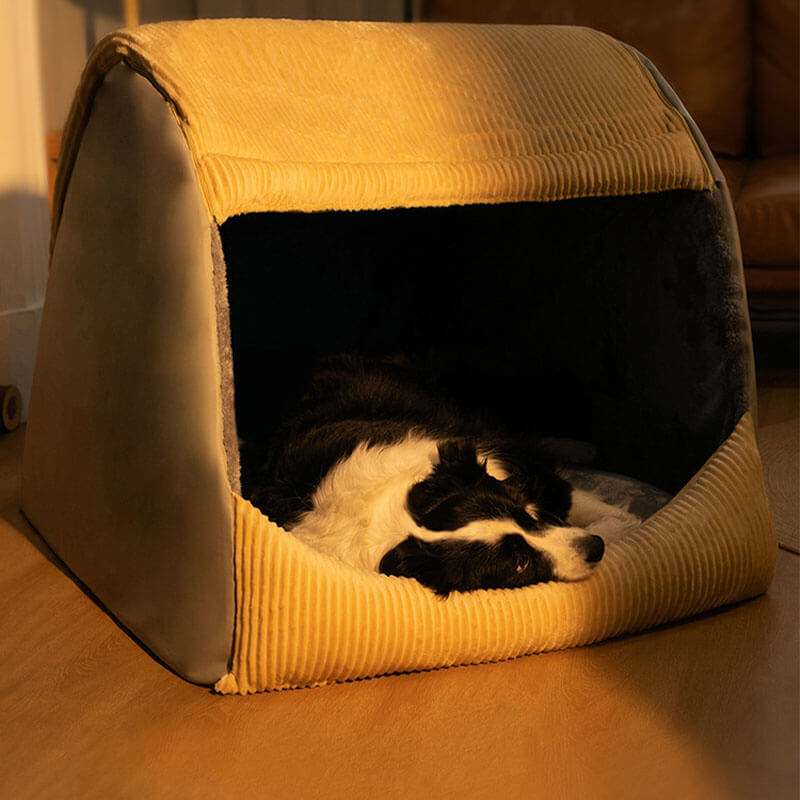 Cozy large dog bed, gray flannel, with a removable top for easy conversion to an open bed. Pet den.