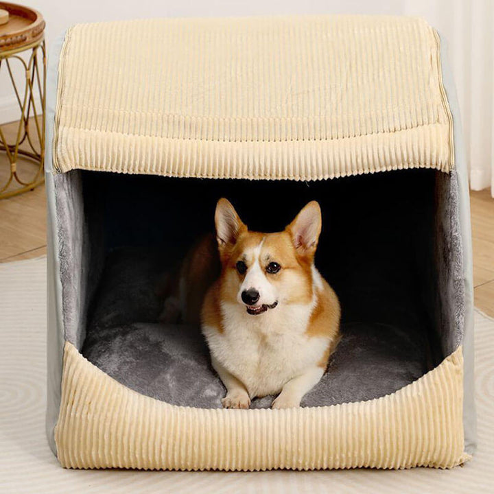 Washable large flannel dog den bed, gray, offering comfort and security for big pets. Detachable.
