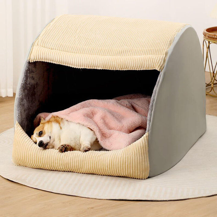Flannel pet den bed for large dogs, gray, detaches for easy cleaning. Washable dog bed.