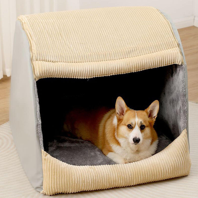 Comfortable flannel dog den bed, large size, gray, providing a safe and warm hideaway for pets.