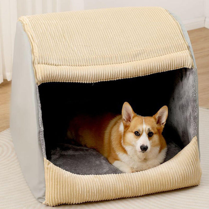 Comfortable flannel dog den bed, large size, gray, providing a safe and warm hideaway for pets.