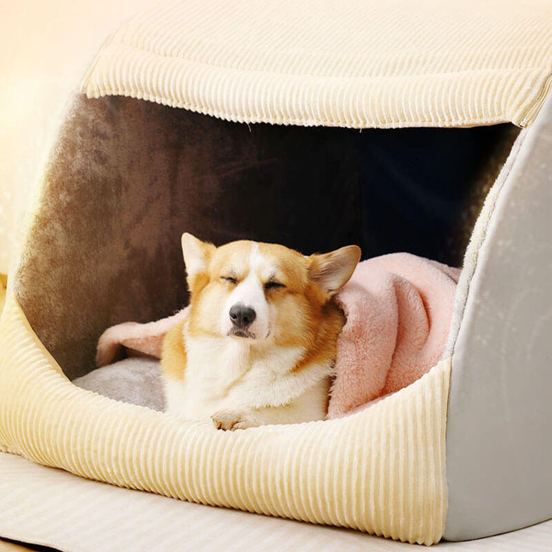 Large detachable pet bed in soft gray flannel, perfect for big dogs, easy to wash and reassemble.