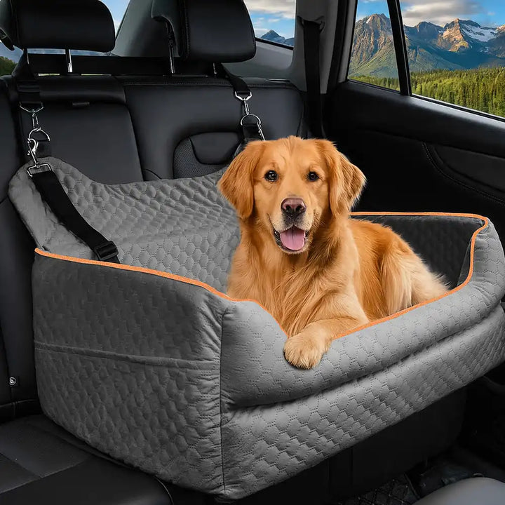 Large dog car booster seat with washable cover for back seat safety, tan memory foam, pet travel